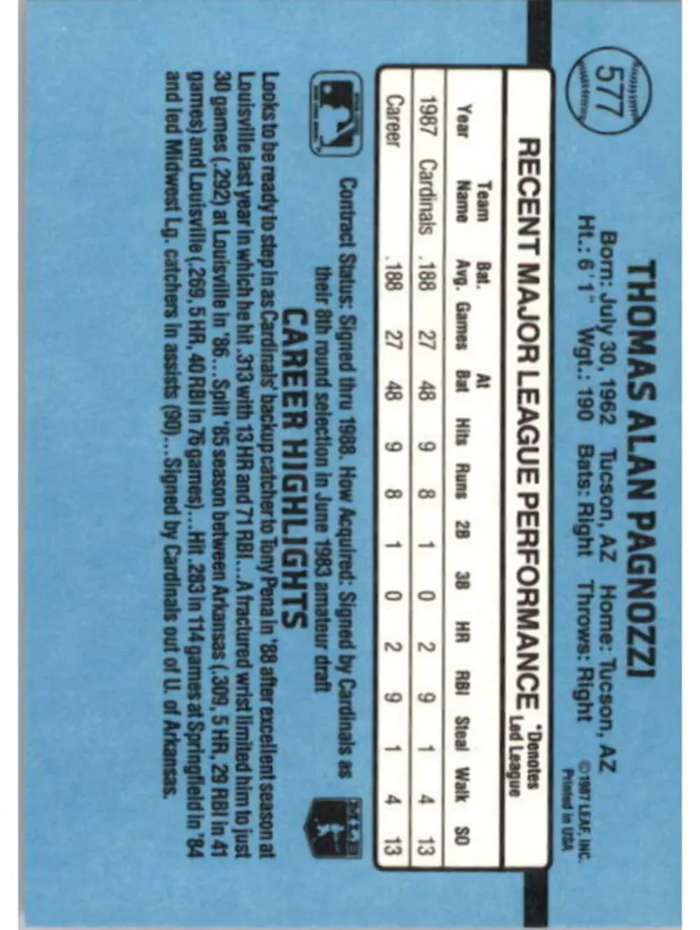1988 Tom Pagnozzi Donruss Baseball Card #577